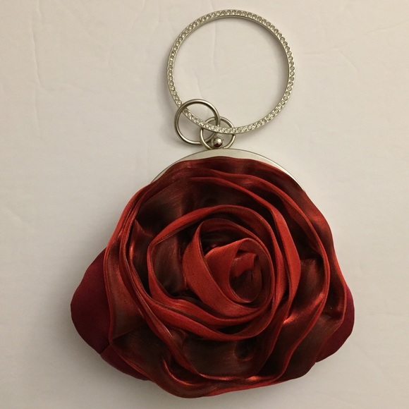 Handbags - Red Rose Clutch/Shoulder Bag with silver Hardware